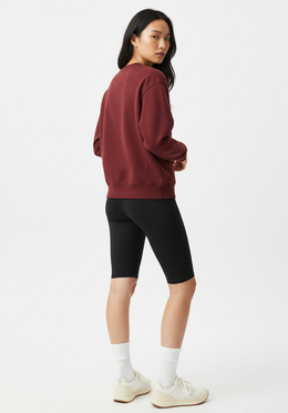 Layer Love Your Run Women's sweatshirt in burgundy, back view on model
