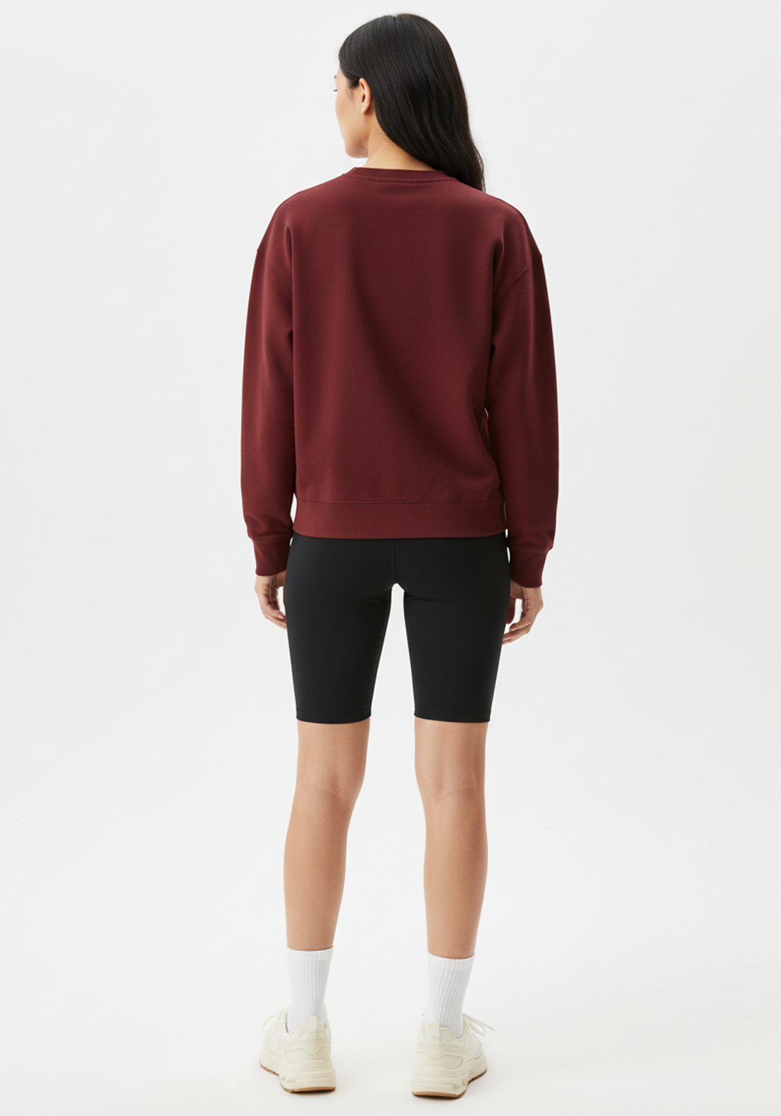 Layer Love Your Run Women's sweatshirt in burgundy, back view full on model
