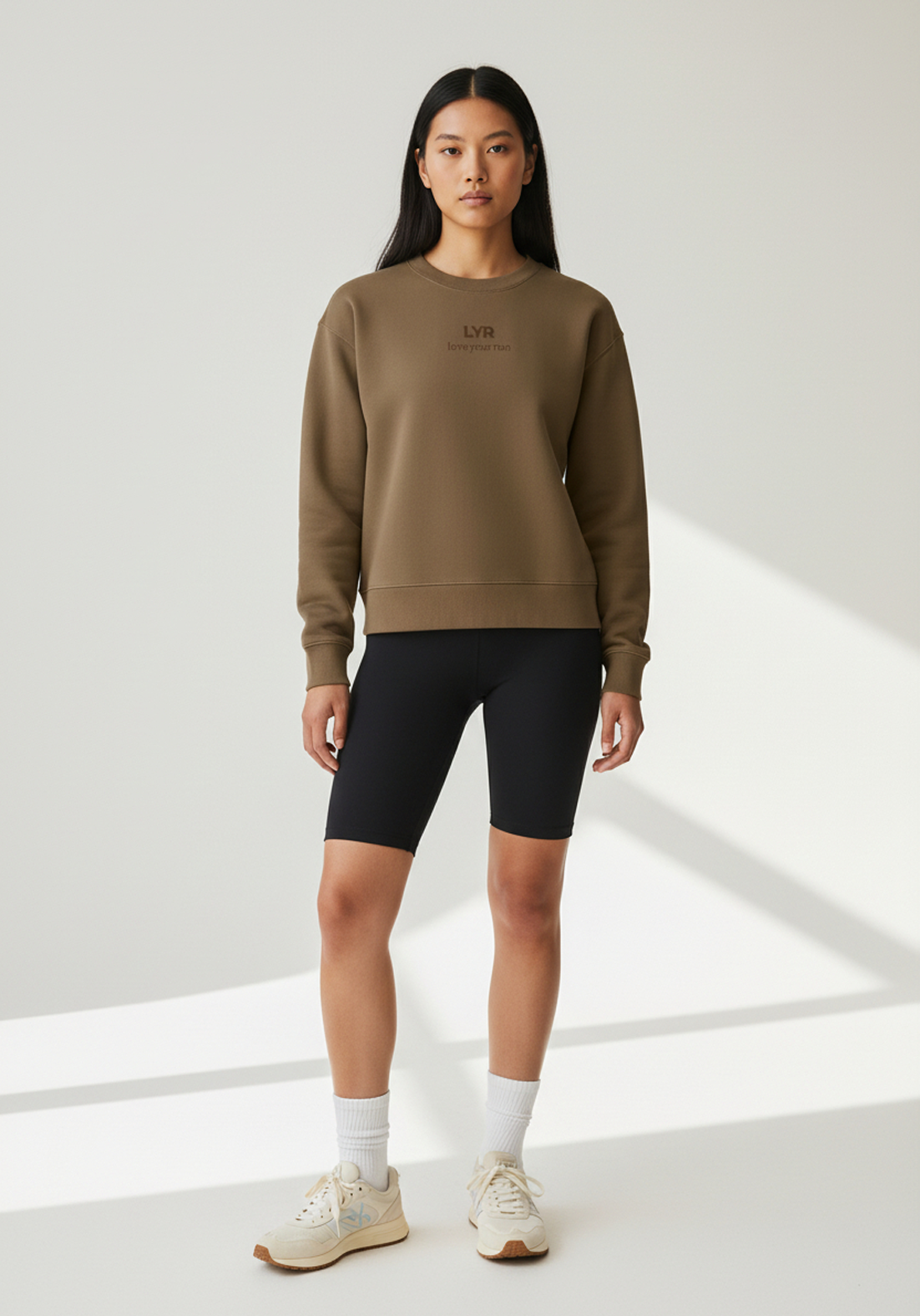 Layer Love Your Run Women's sweatshirt in mocha, full body front view
