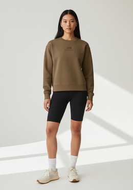 Layer Love Your Run Women's sweatshirt in mocha, full body front view
