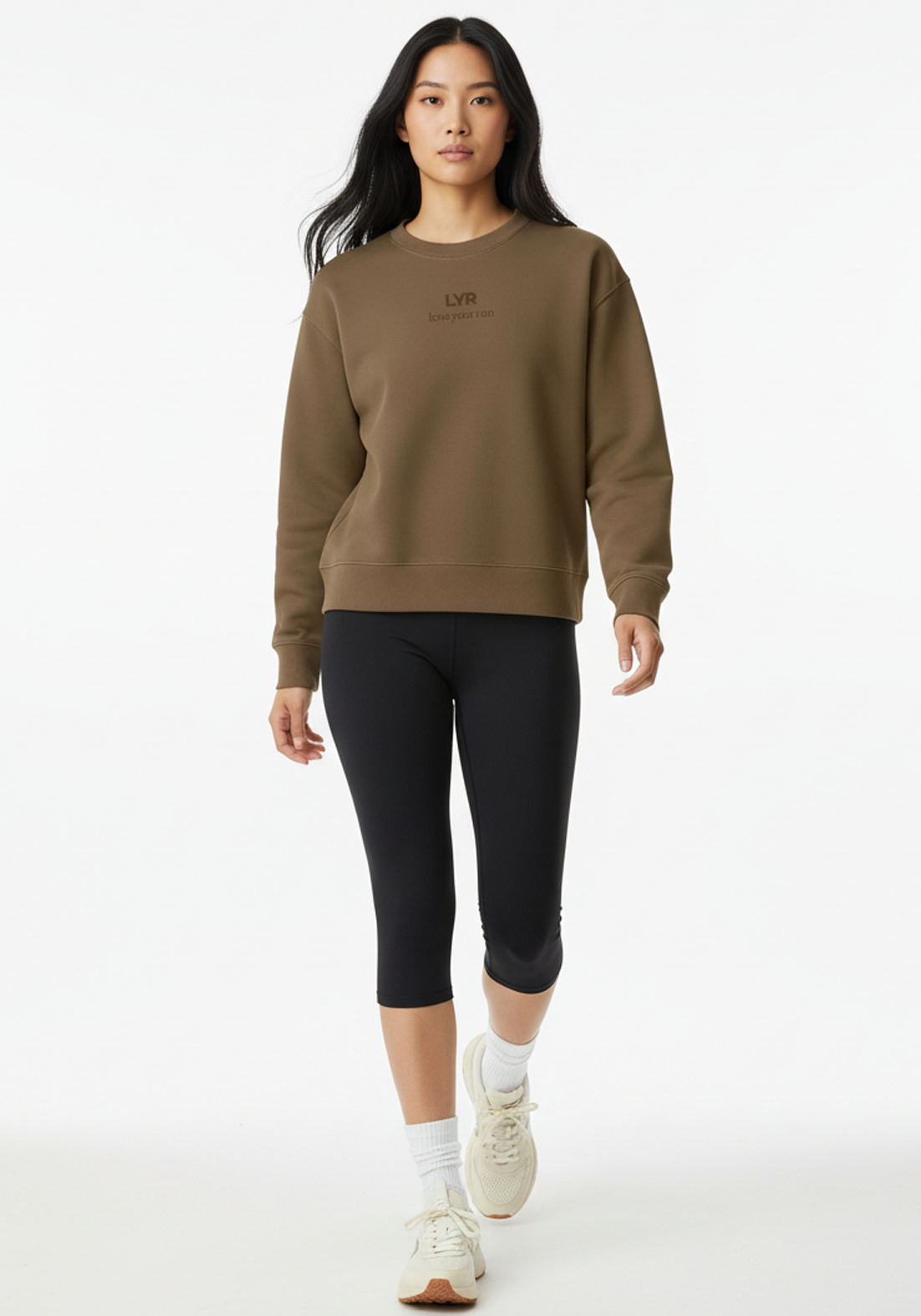 Layer Love Your Run Women's sweatshirt in mocha, front walking view on model
