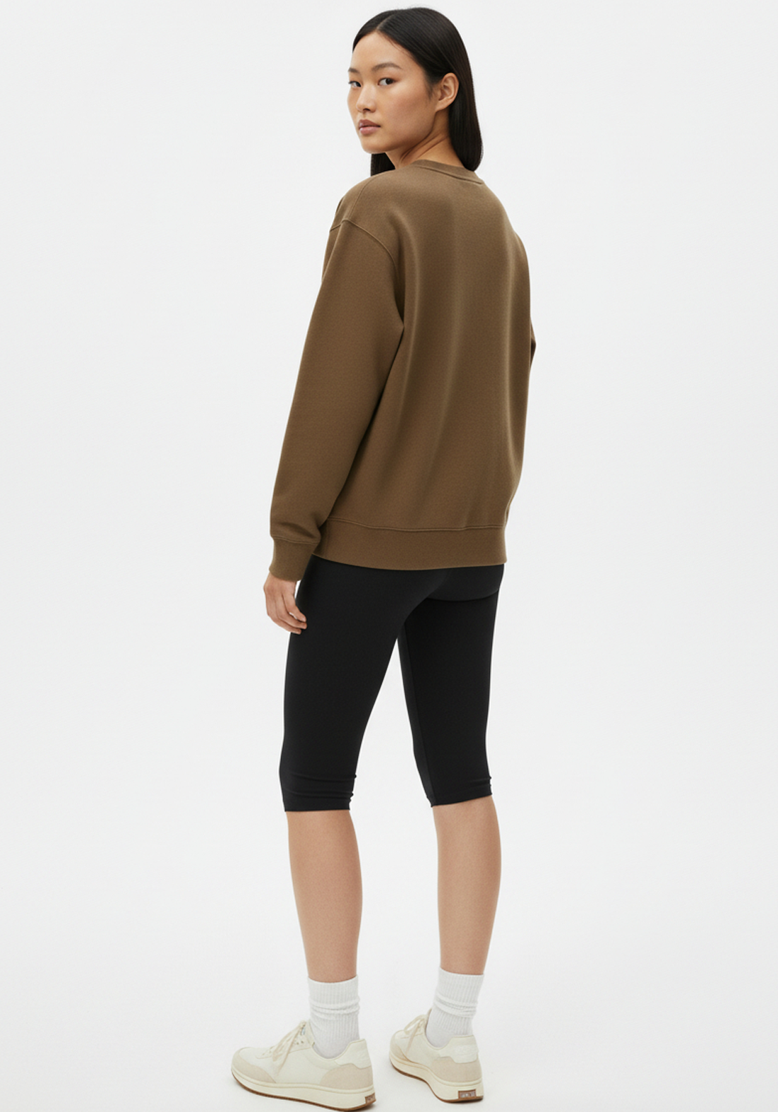Layer Love Your Run Women's sweatshirt in mocha, rear three-quarter view
