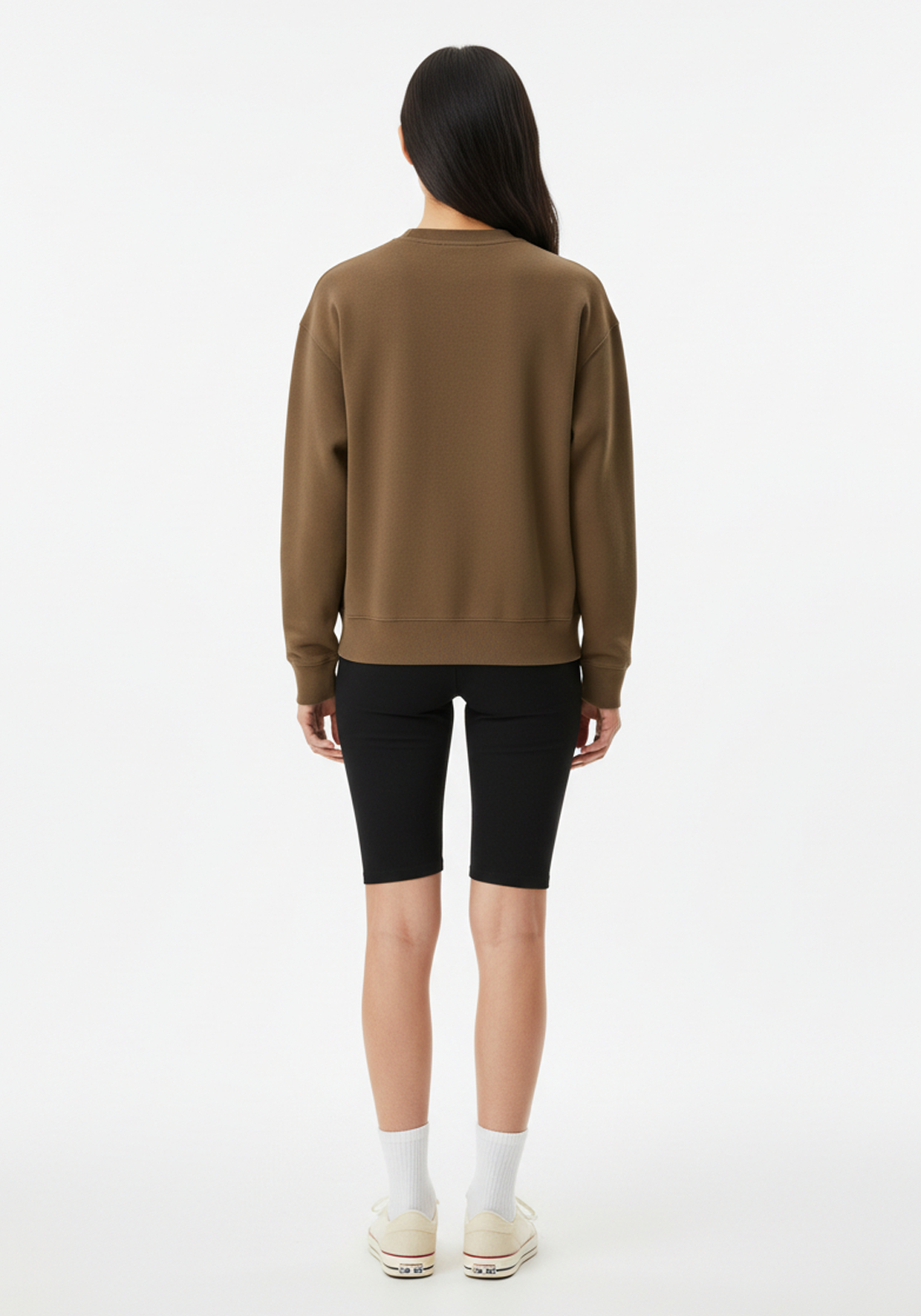 Layer Love Your Run Women's sweatshirt in mocha, back view on model
