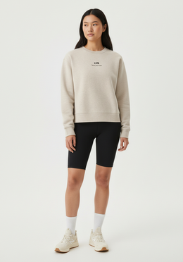 Layer Love Your Run Women's sweatshirt in warm grey, front view on model
