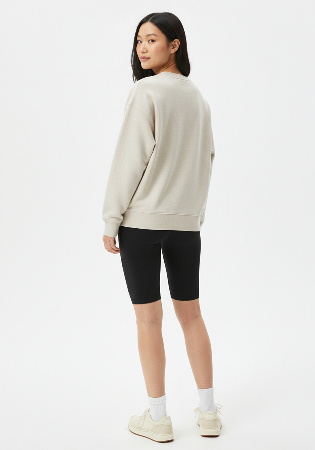 Layer Love Your Run Women's sweatshirt in warm grey, back angled view
