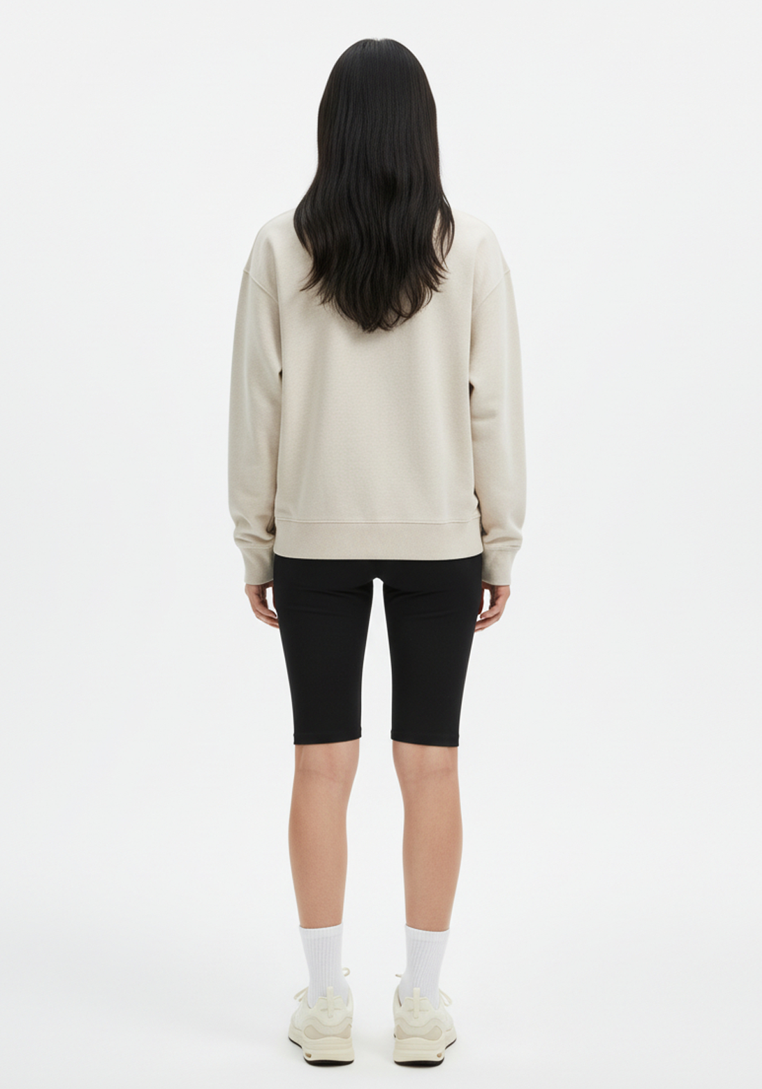 Layer Love Your Run Women's sweatshirt in warm grey, rear view on model
