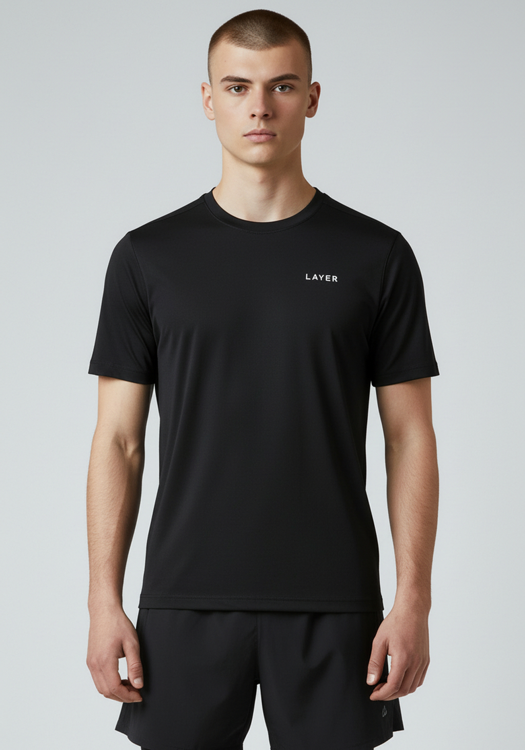 Men’s black Layer FTR graphic running tee front view with Layer logo on chest