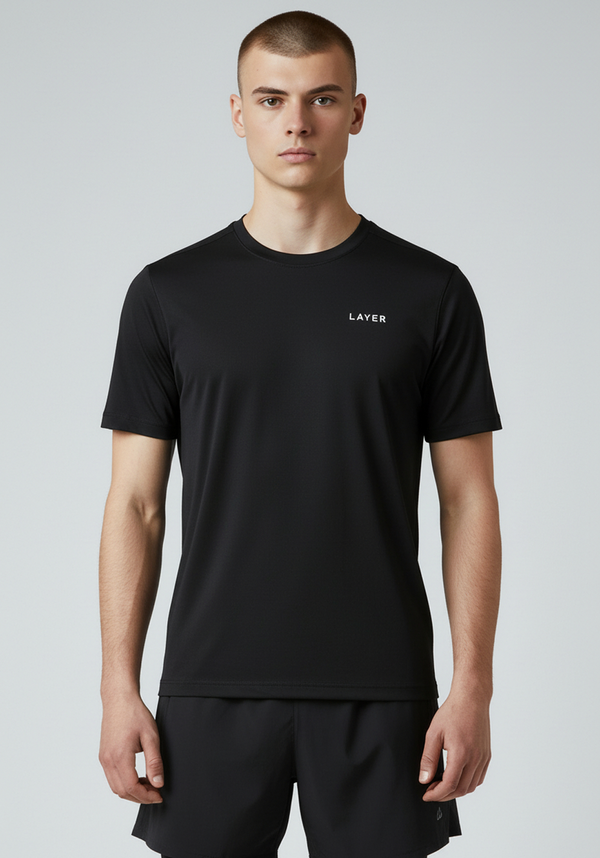 Men’s black Layer FTR graphic running tee front view with Layer logo on chest