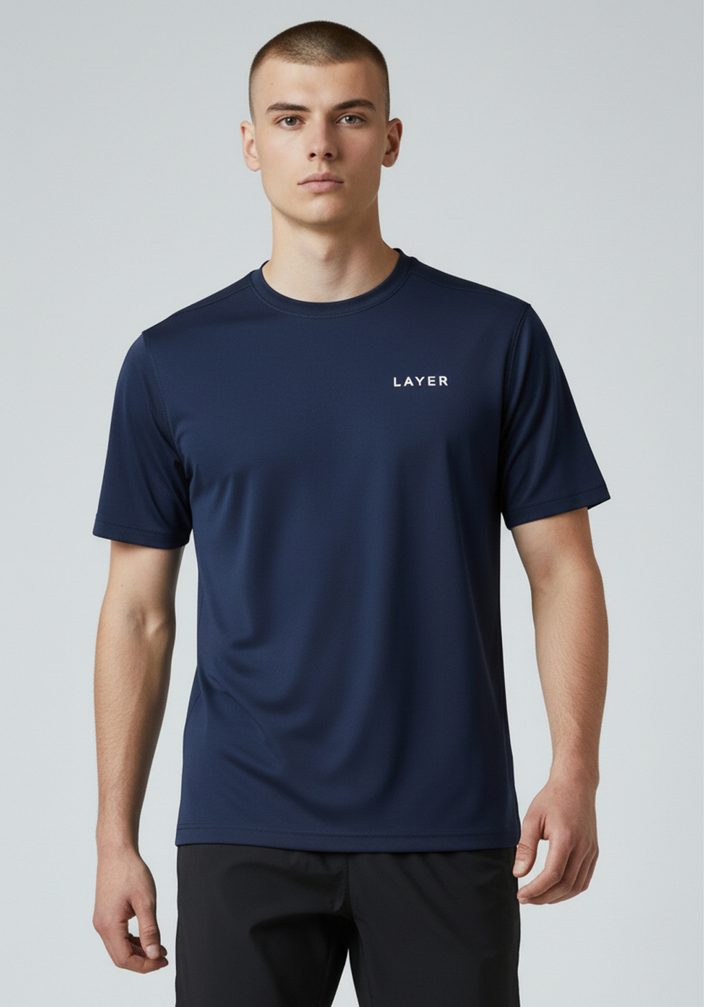 Men’s navy Layer FTR graphic running tee front view with Layer logo on chest