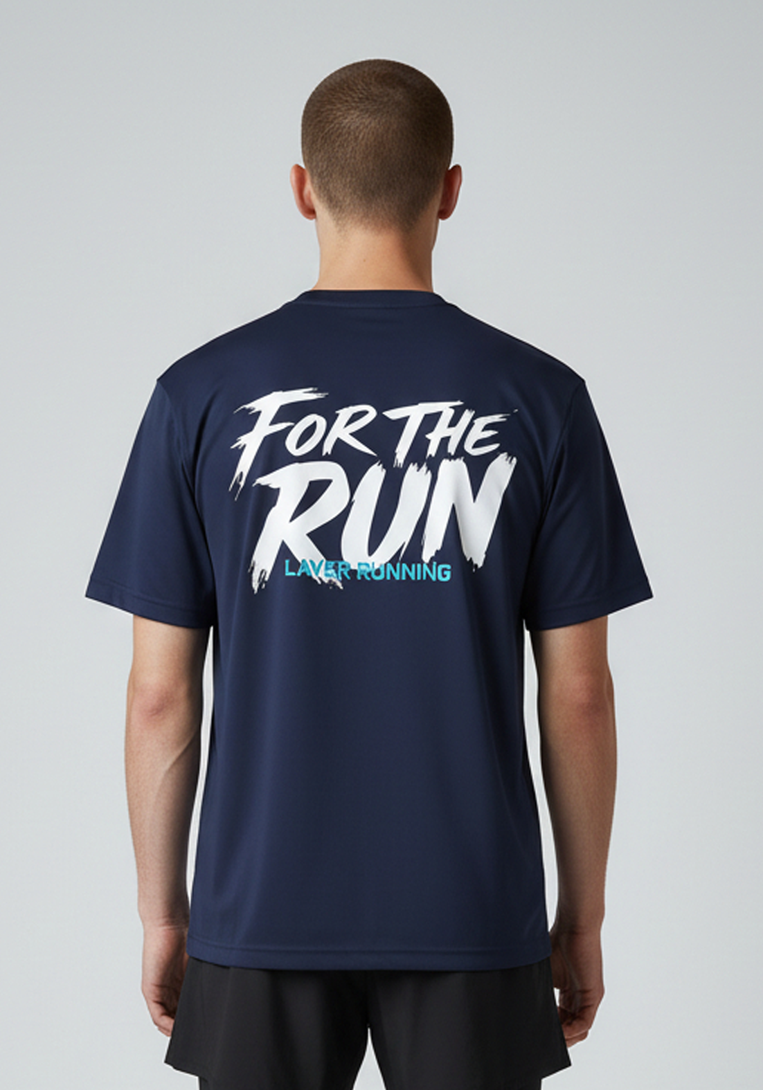 Men’s navy Layer FTR graphic running tee back view showing For The Run graphic