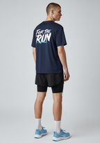 Side back view of men’s navy Layer FTR graphic running tee highlighting rear graphic