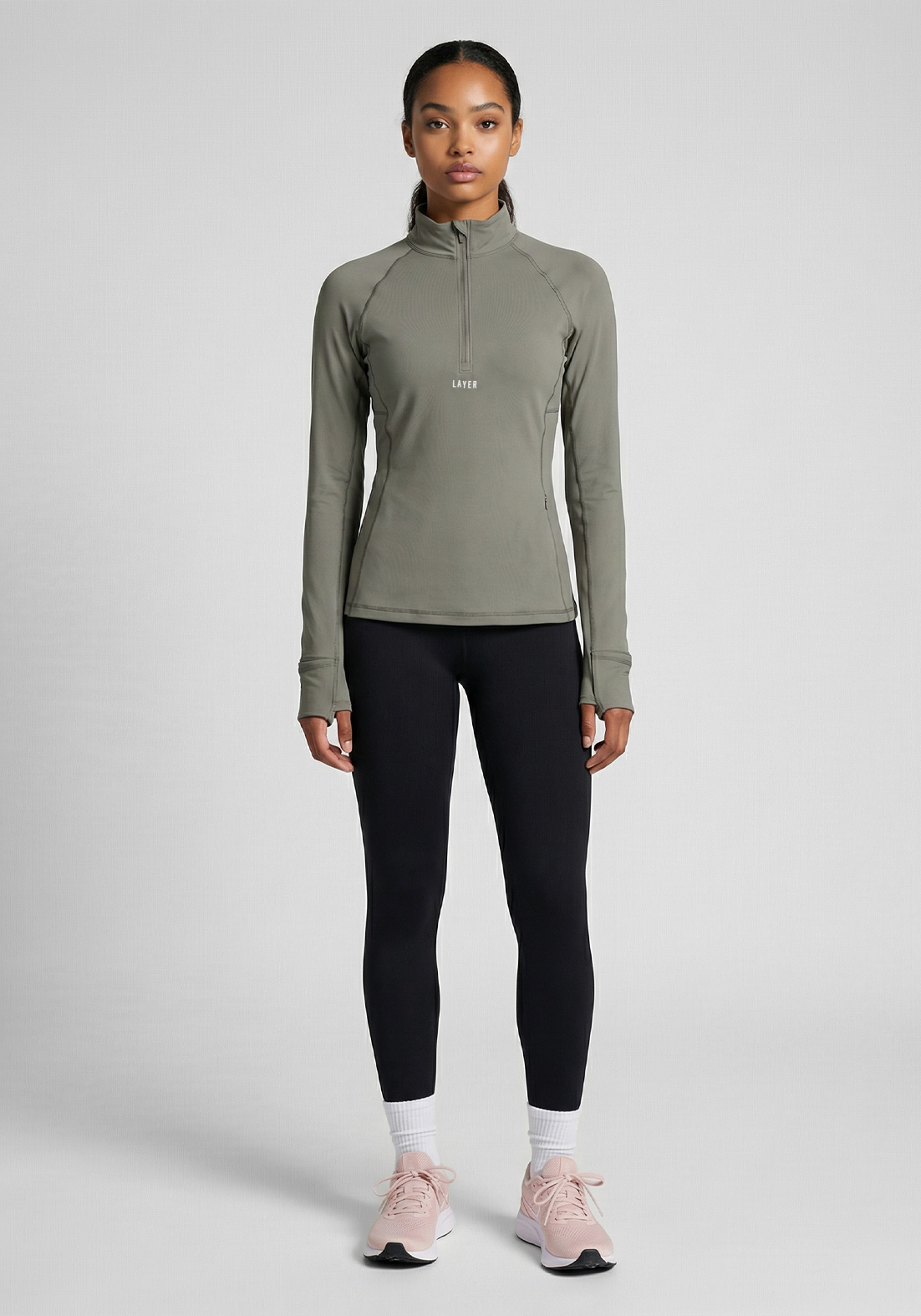 Layer Training 1/4 Zip in Khaki, full front view
