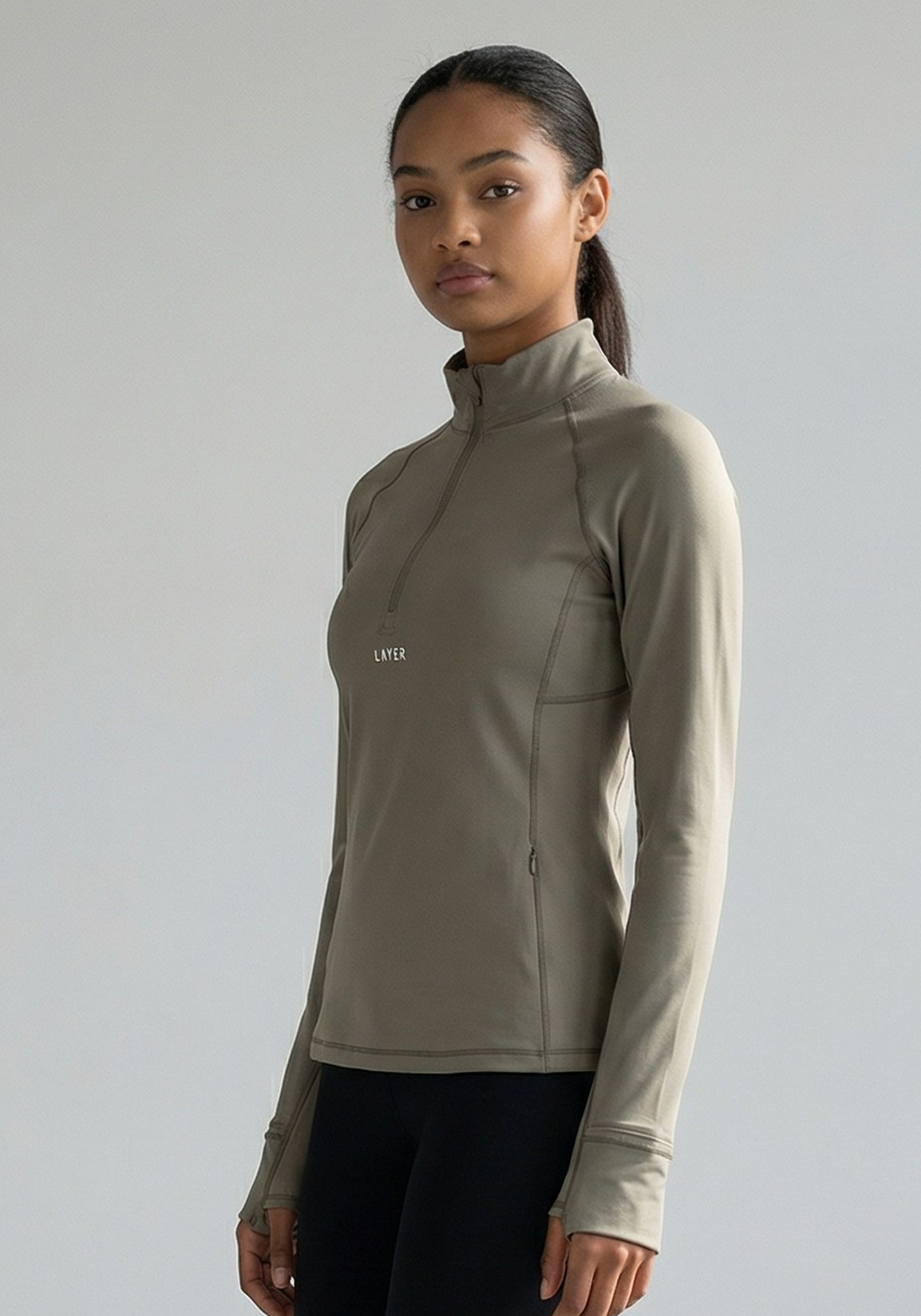 Layer Training 1/4 Zip in Khaki, side view
