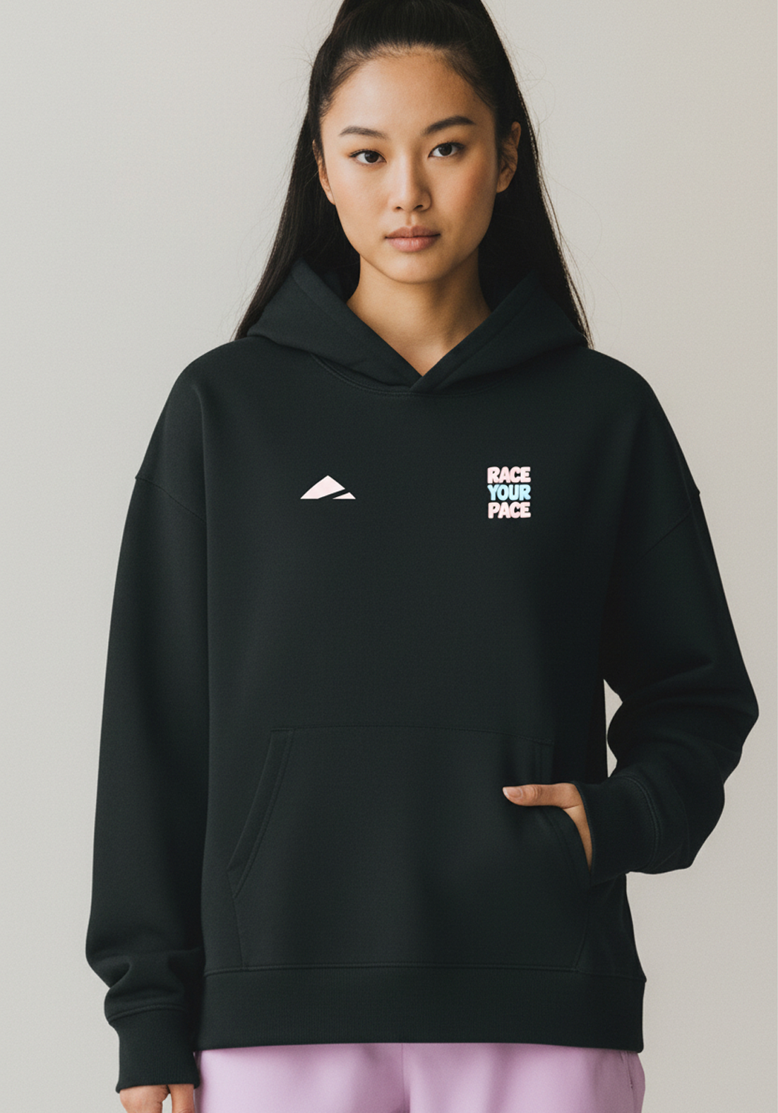 Layer Race Your Pace Run Club Hoodie in black, front view
