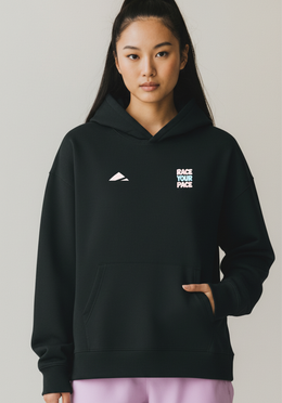 Layer Race Your Pace Run Club Hoodie in black, front view
