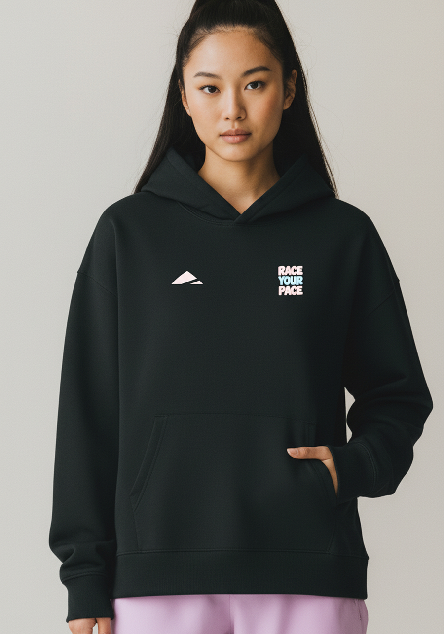 Layer Race Your Pace Run Club Hoodie in black, front view
