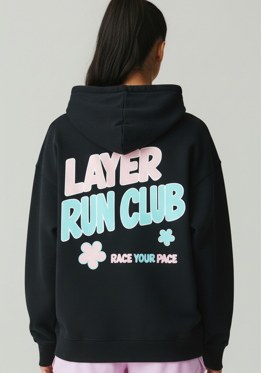 Layer Race Your Pace Run Club Hoodie in black, back graphic view
