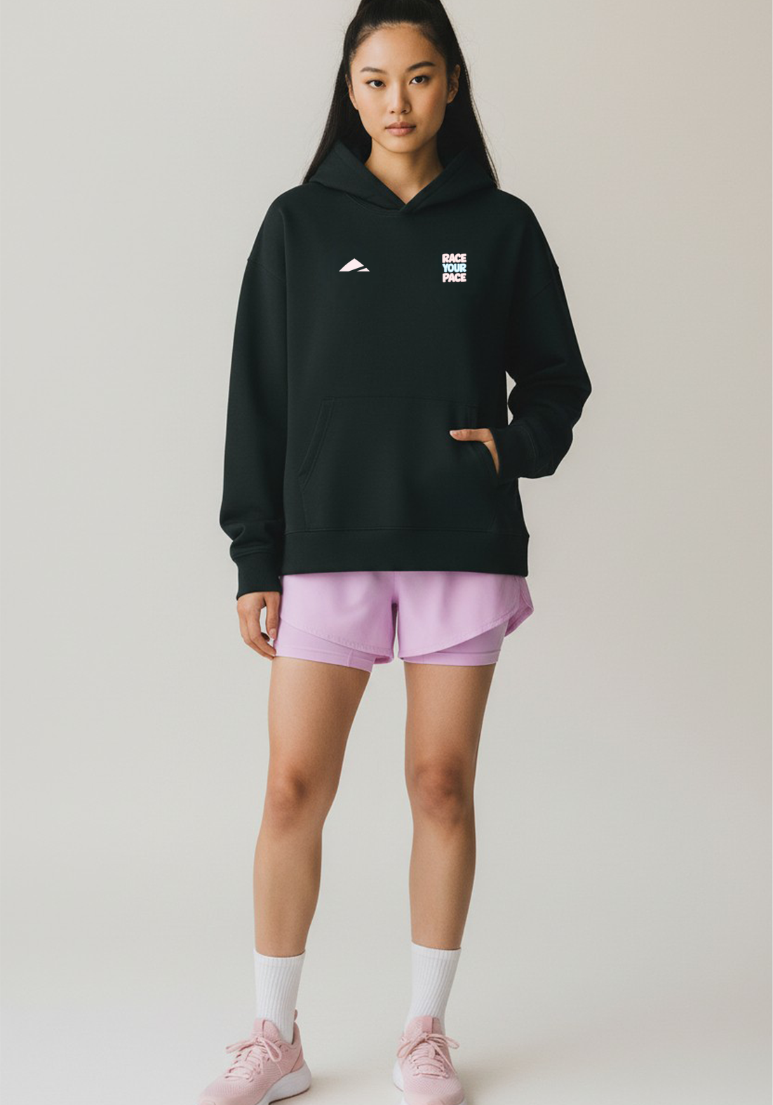 Layer Race Your Pace Run Club Hoodie in black, full front view
