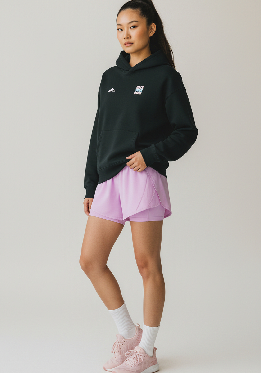 Layer Race Your Pace Run Club Hoodie in black, front side view
