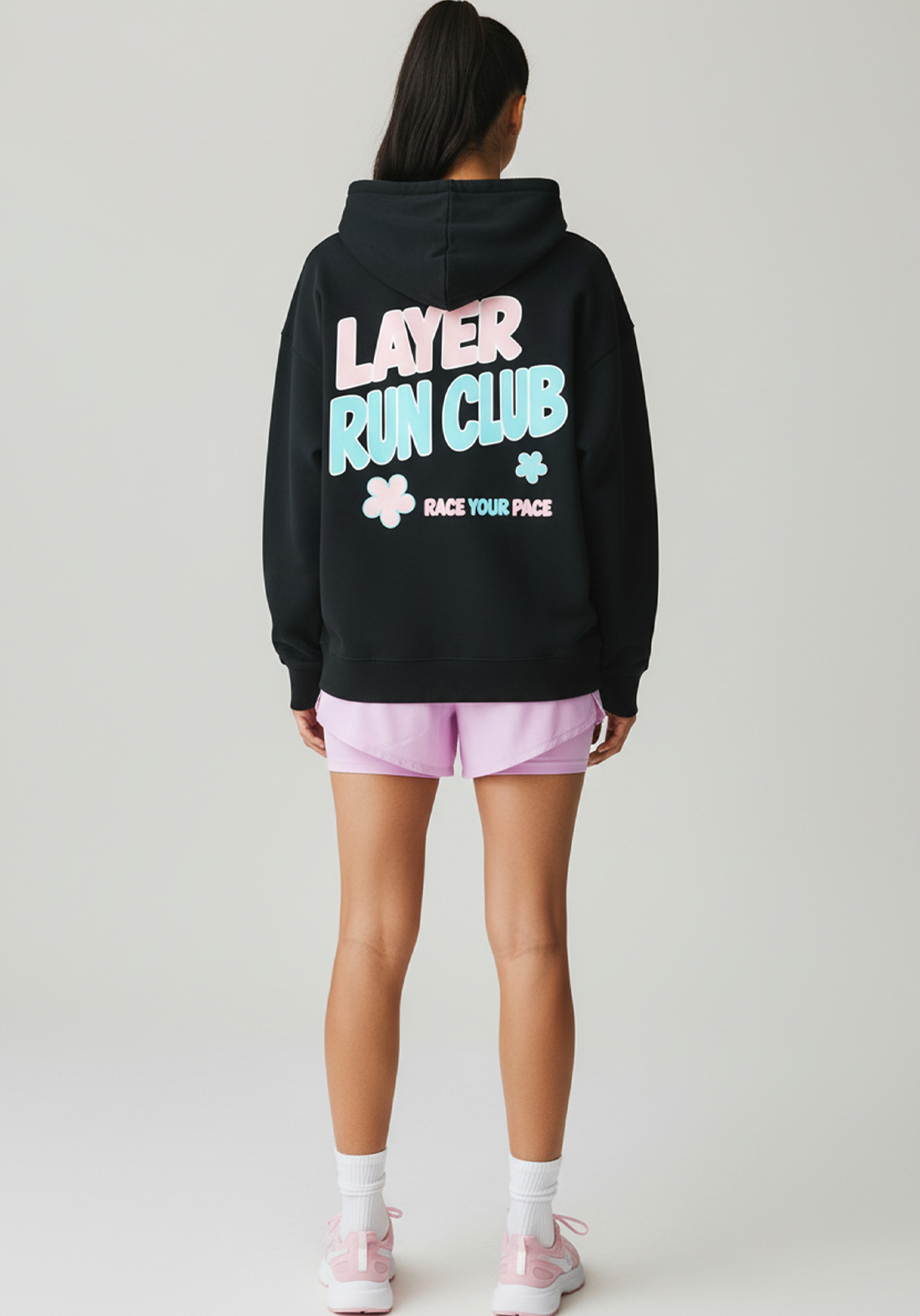 Layer Race Your Pace Run Club Hoodie in black, back view
