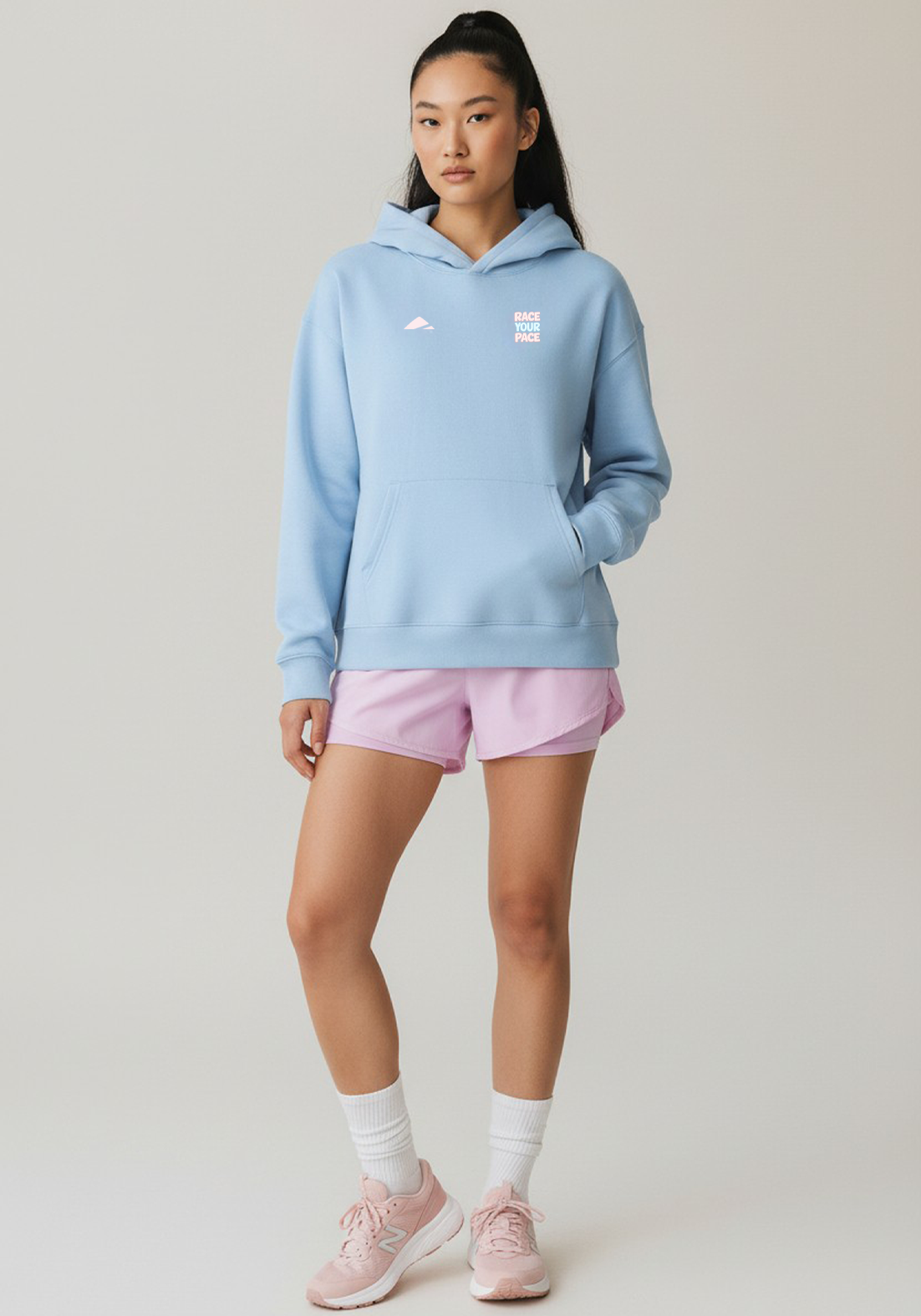 Layer Race Your Pace Run Club Hoodie in Sky Blue, full front view
