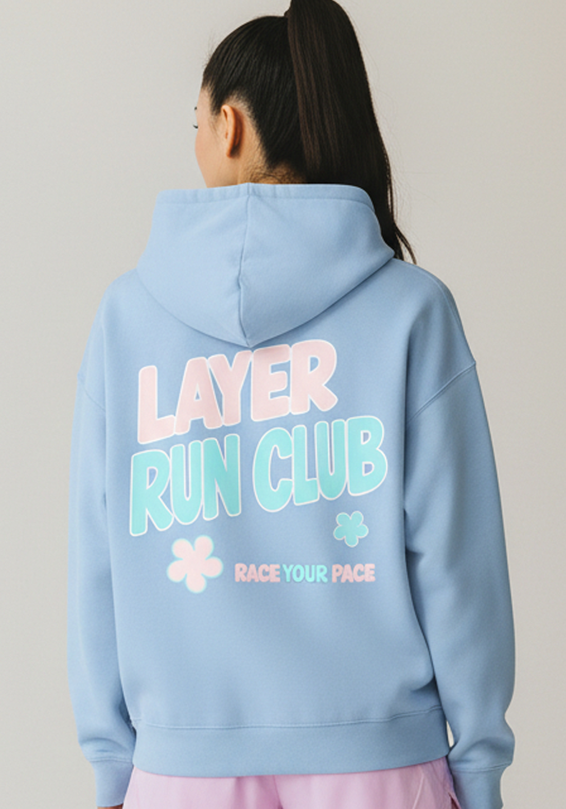 Layer Race Your Pace Run Club Hoodie in Sky Blue, back graphic view
