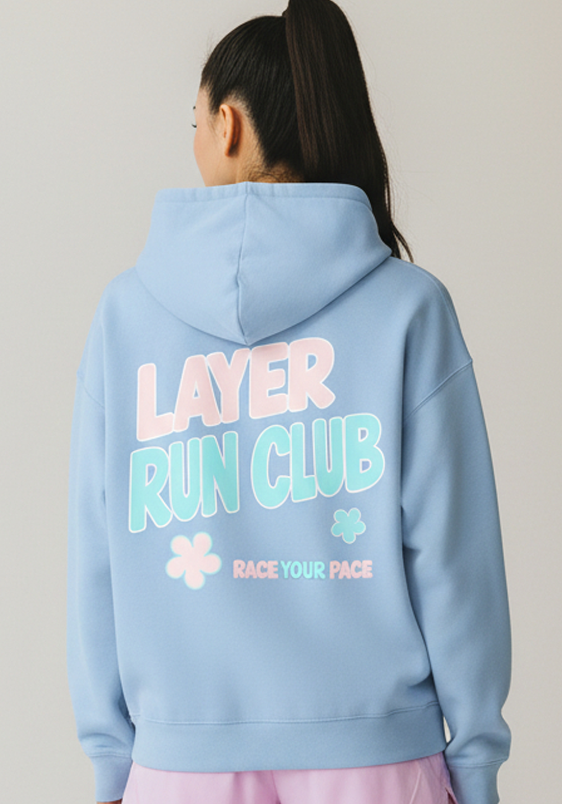 Layer Race Your Pace Run Club Hoodie in Sky Blue, back graphic view
