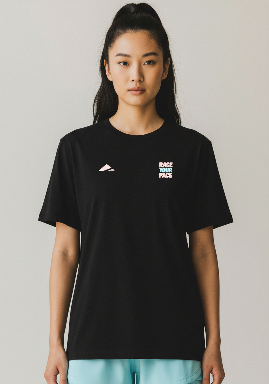 Layer Race Your Pace Run Club Tee in black, front view
