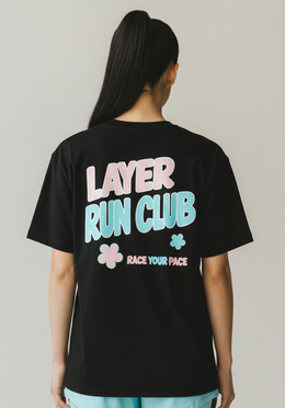 Layer Race Your Pace Run Club Tee in black, back graphic view
