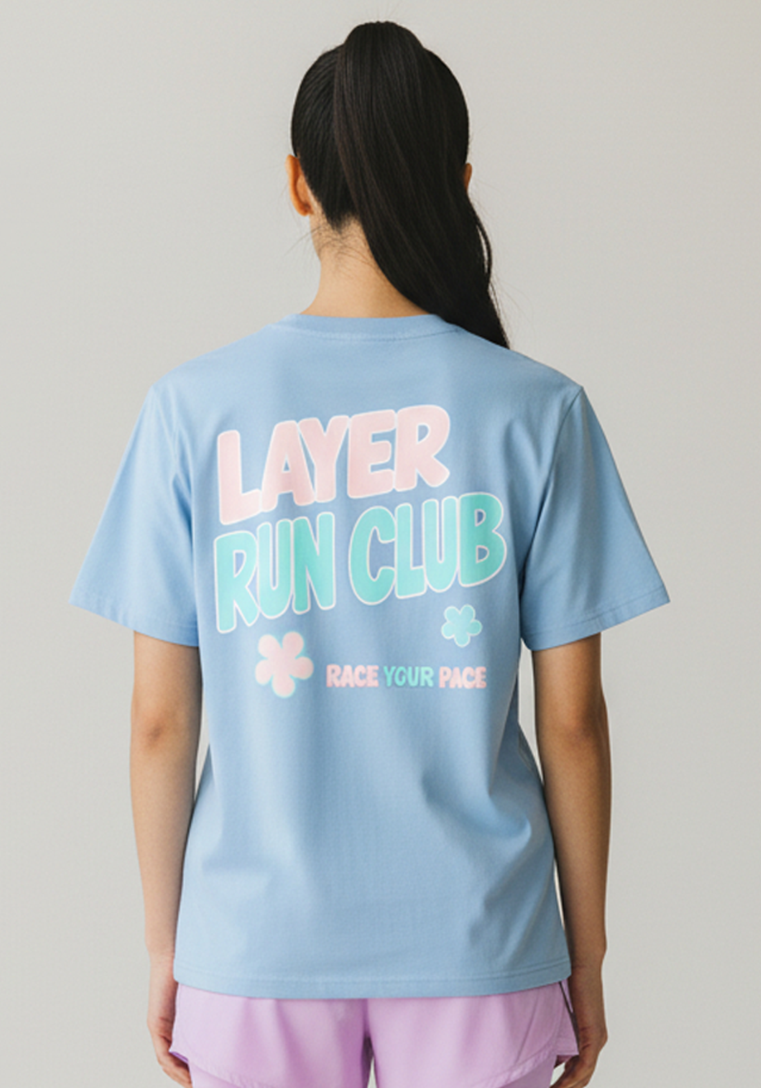 Layer Race Your Pace Run Club Tee in Sky Blue, back graphic view
