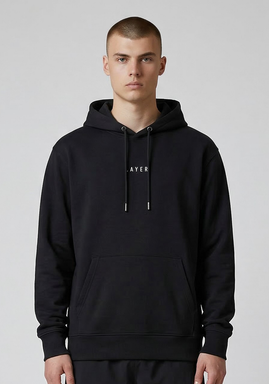 Layer Race Your Pace Symbol Hoodie in Black, front view
