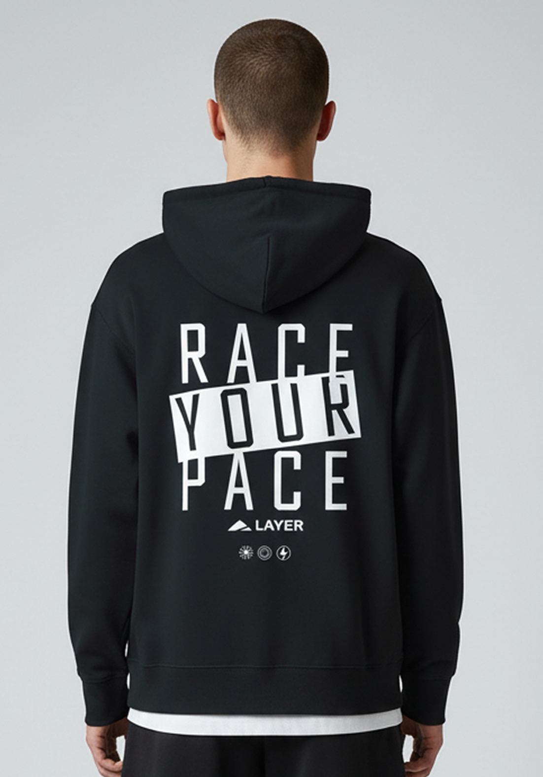 Layer Race Your Pace Symbol Hoodie in Black, back view
