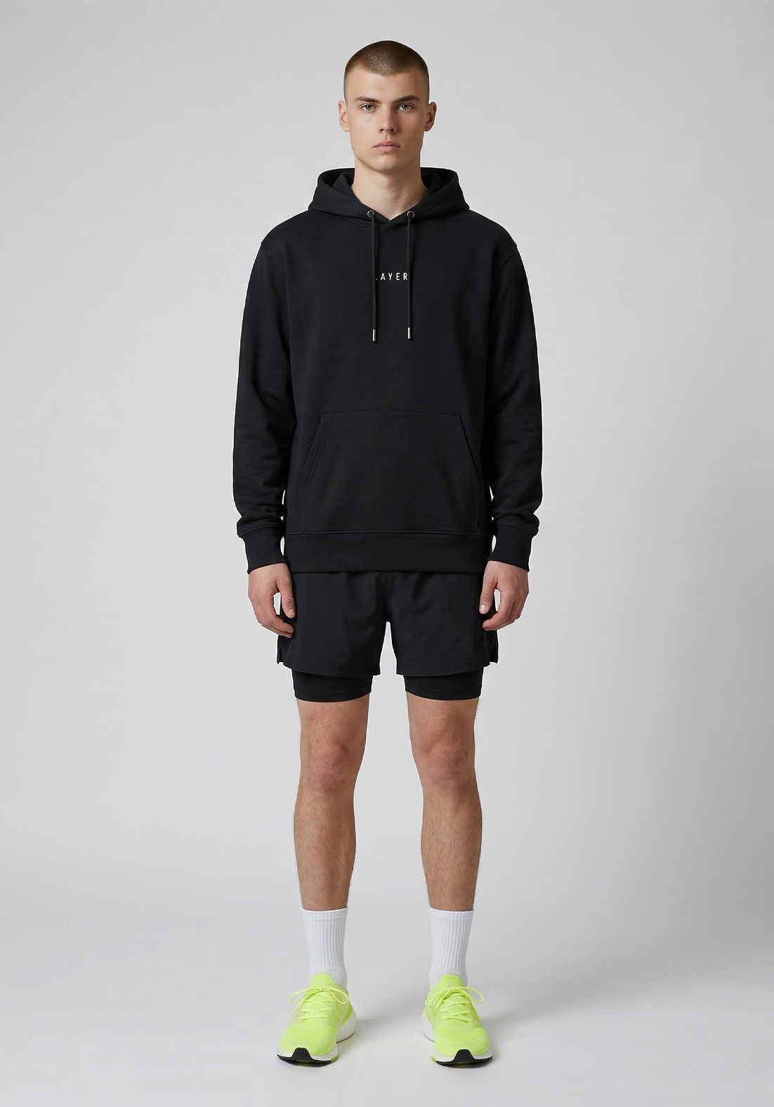 Layer Race Your Pace Symbol Hoodie in Black, full front view
