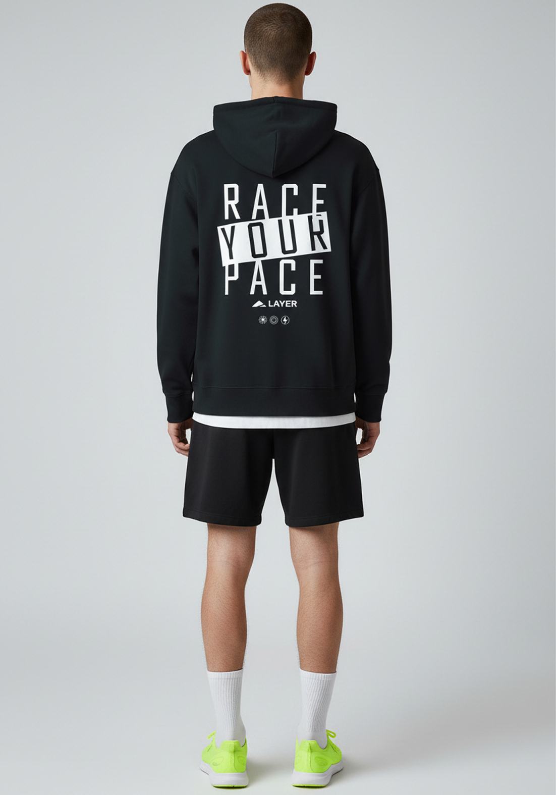 Layer Race Your Pace Symbol Hoodie in Black, full back view
