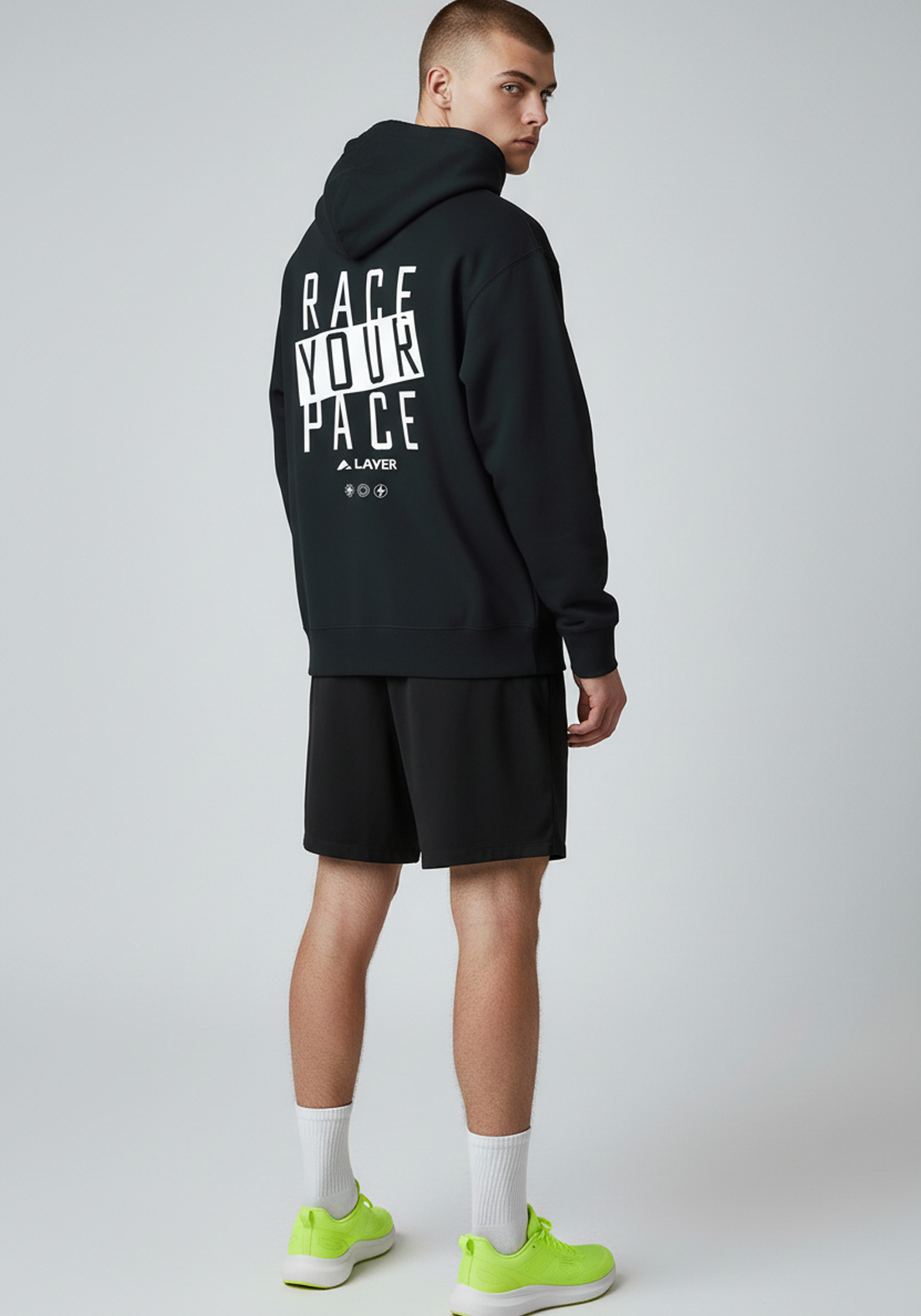 Layer Race Your Pace Symbol Hoodie in Black, side view

