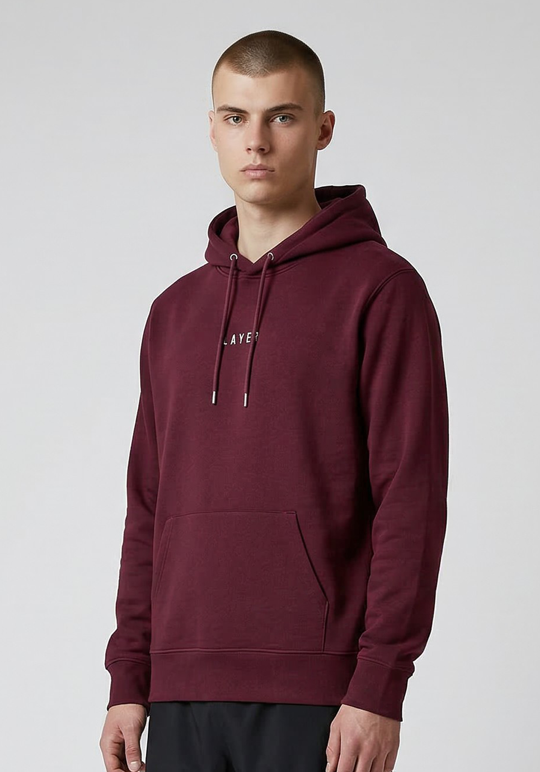 Layer Race Your Pace Symbol Hoodie in Plum, angled close up view
