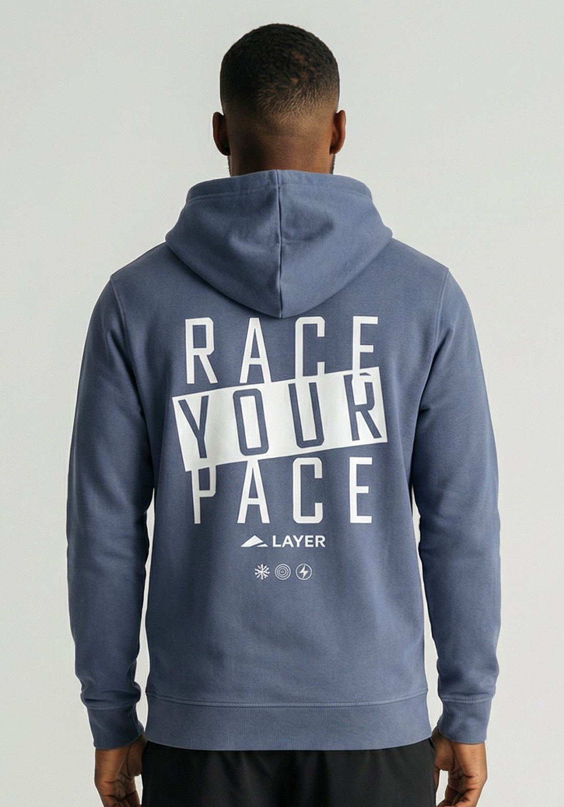 Layer Race Your Pace Symbol Hoodie in Storm, back view
