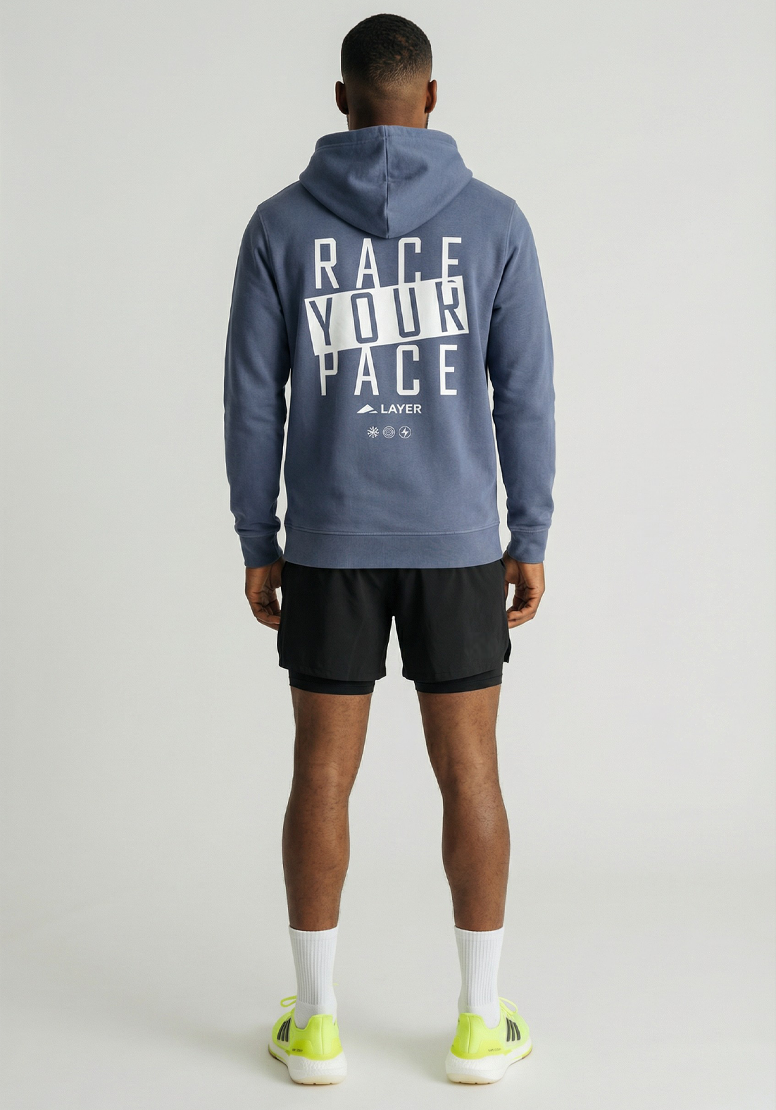 Layer Race Your Pace Symbol Hoodie in Storm, full back view
