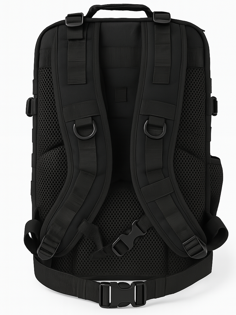 Layer Renegade Pro backpack in black, back view with padded straps
