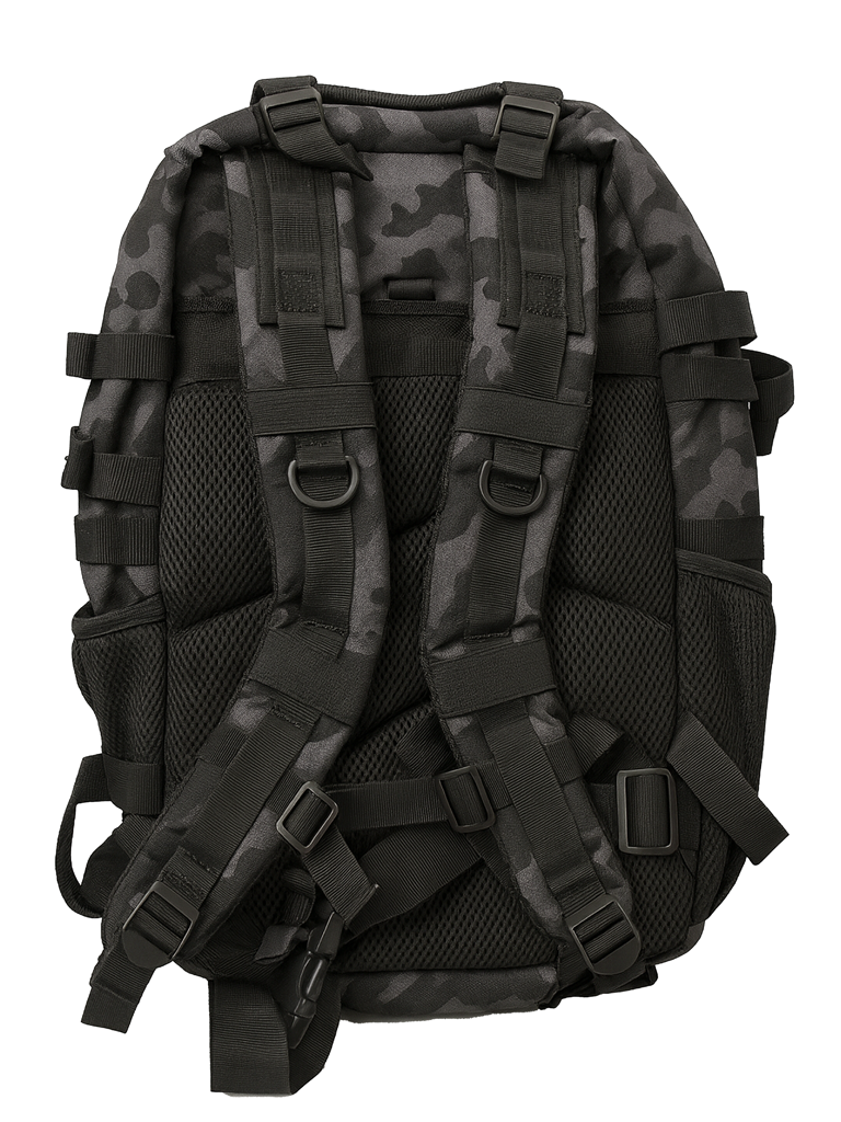 Layer Renegade Pro backpack in camo black, back view with straps
