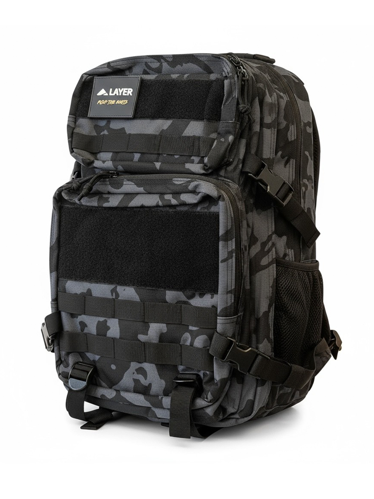 Layer Renegade Pro backpack in camo black, front view
