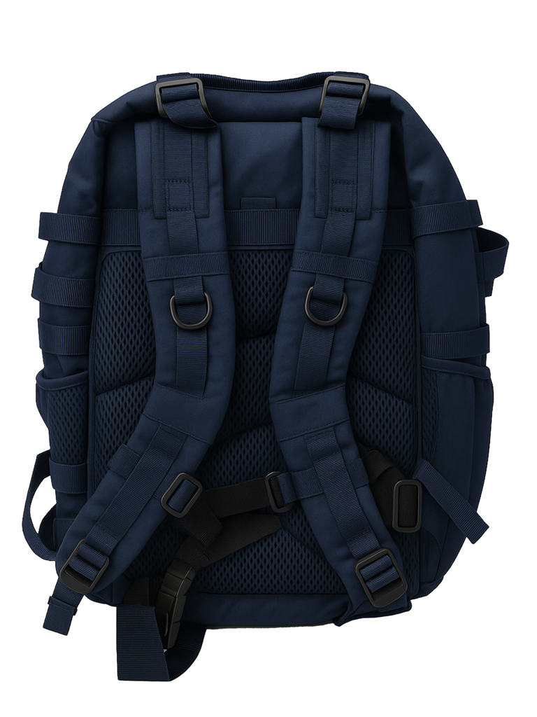 Layer Renegade Pro backpack in navy, back view with vented panel
