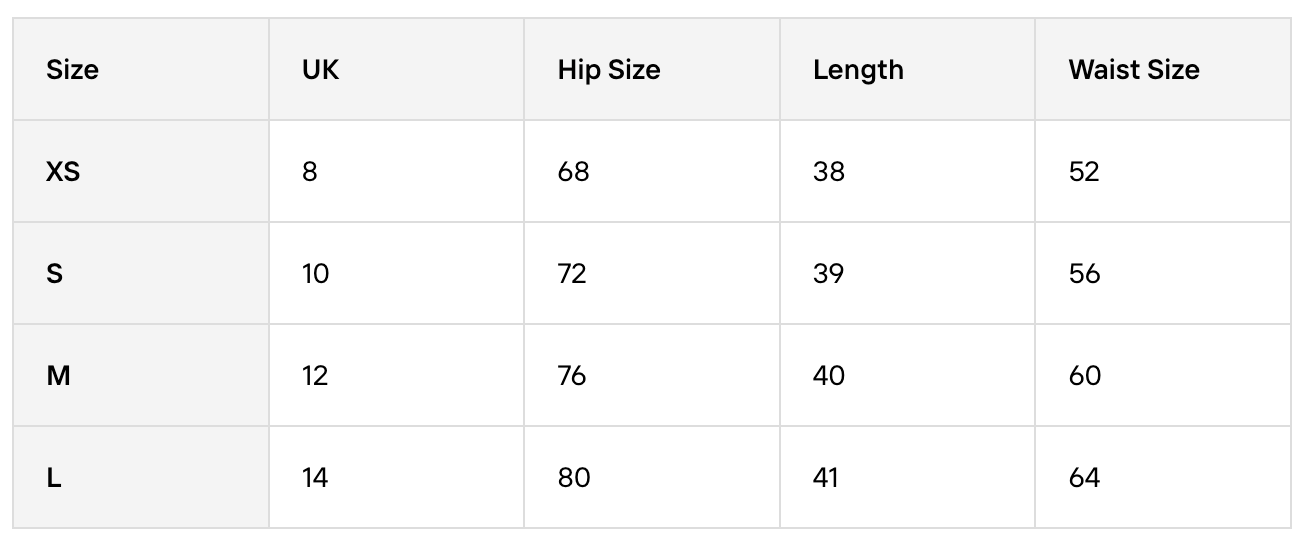 Size guide for Elevate High Rise 6" Short