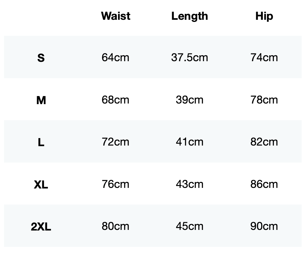 Size guide for AeroLYR Ribbed Race Shorts