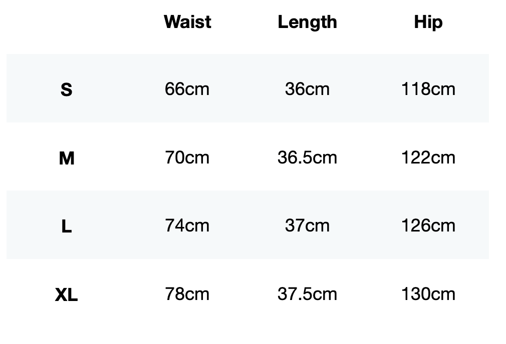 Size guide for AeroLYR Split Run Shorts