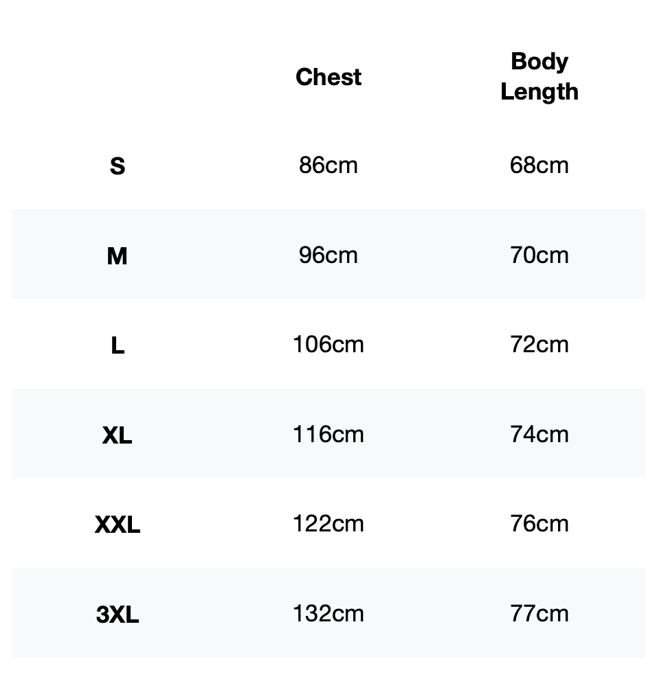 Size guide for BaseLYR Compression Top