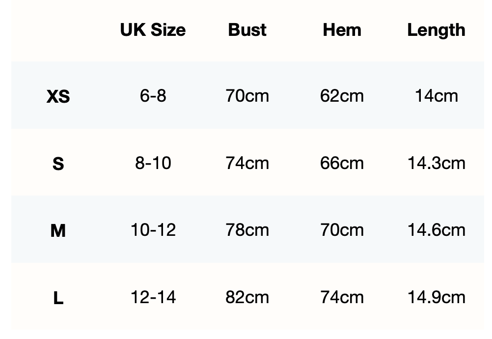 Size guide for Elevate Sports Bra
