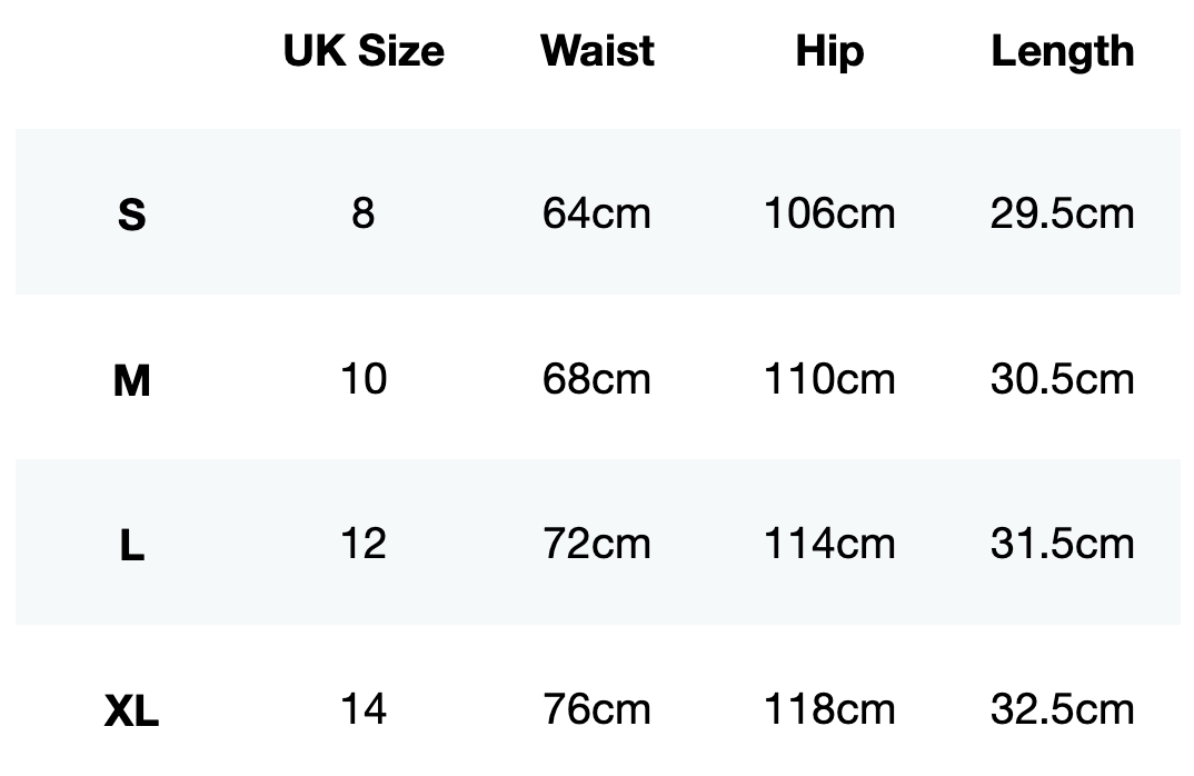 Size guide for FTR 2-in-1 Running Shorts