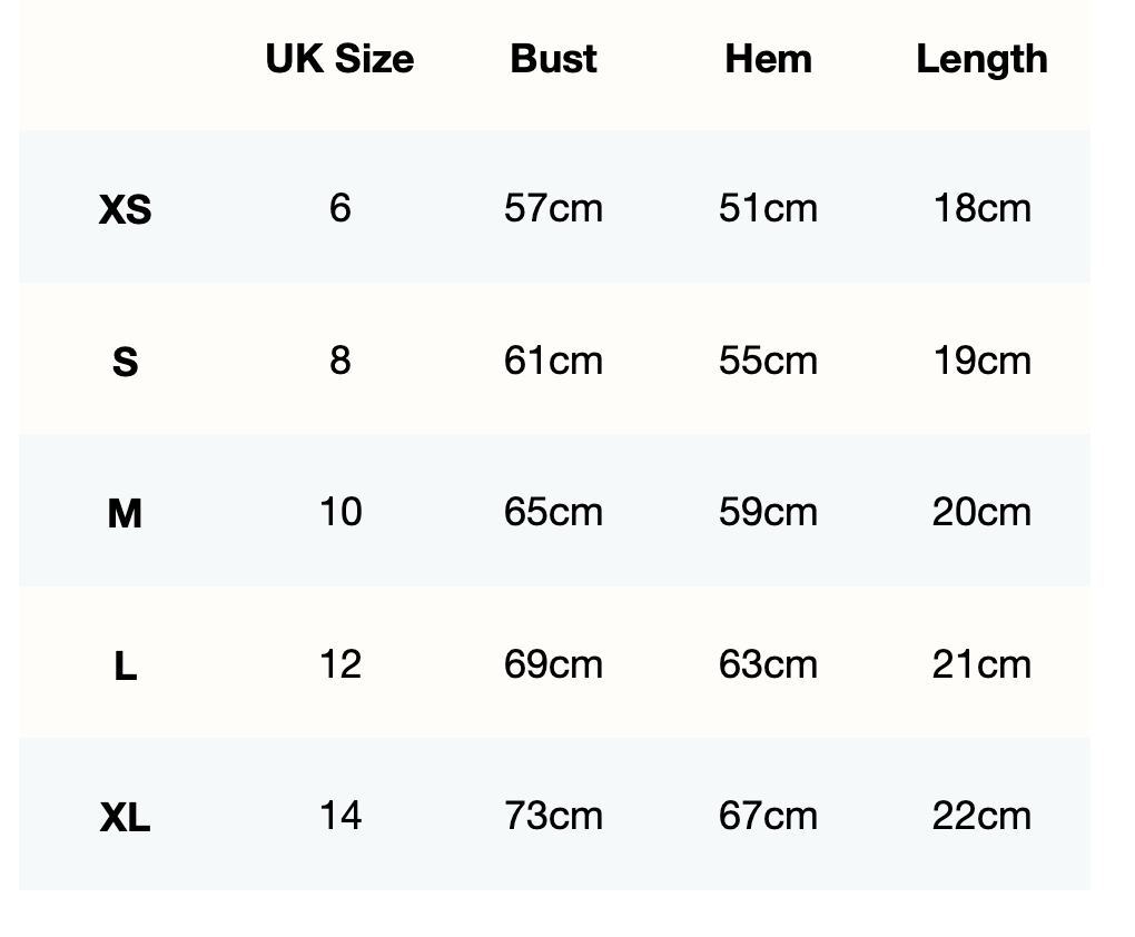 Size guide for Fusion Training Bra