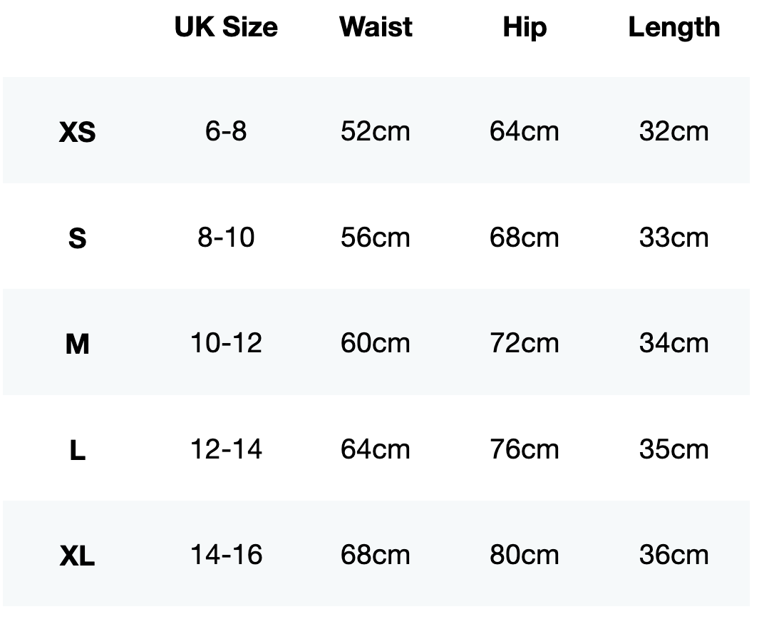 Size guide for Fusion Training Shorts